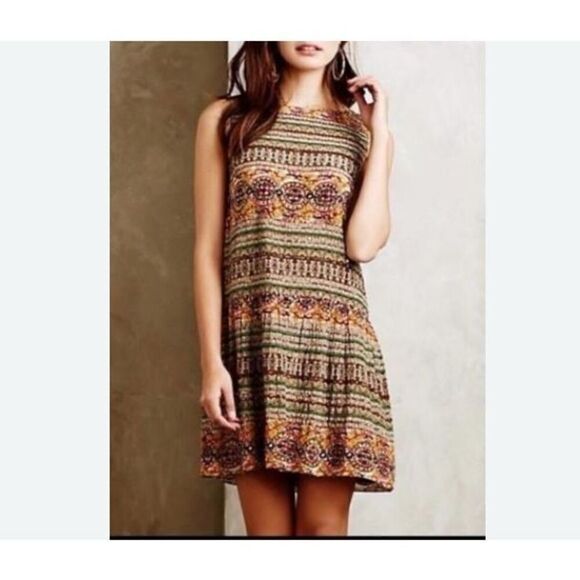 Hemant & Nandina  Anthropologie Silk Beaded Drop Waist Boho Dress w Scarf, SZ 10 - Picture 1 of 15